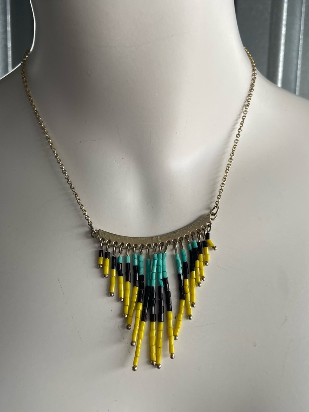 Vintage Bead Fringe Necklace Yellow Turquoise Black Tribal Boho